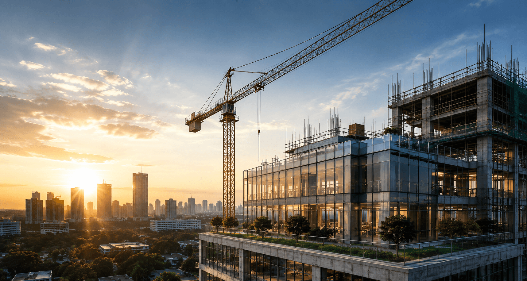 A building under construction at sunset, tower crane over the frame and a city skyline beyond