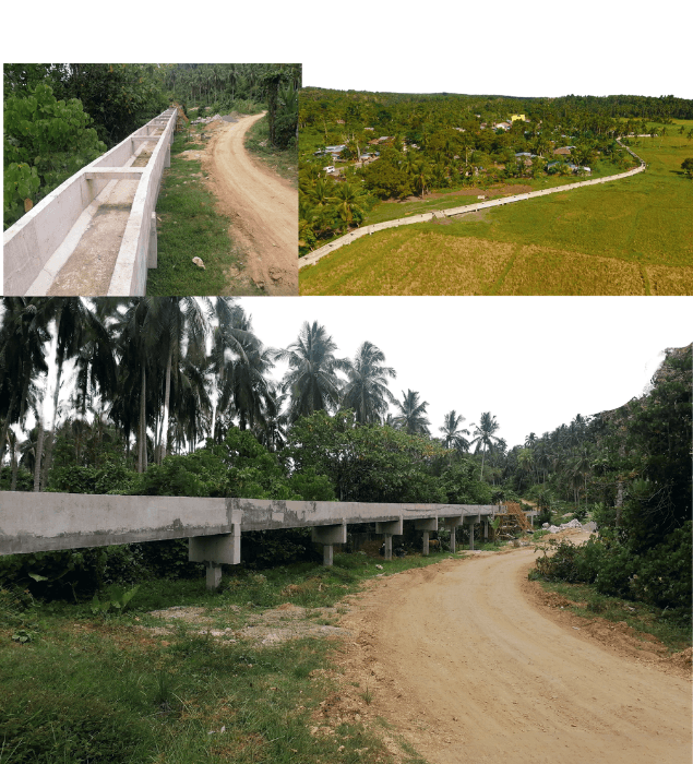 Completed elevated irrigation canal running through coconut plantation, with an aerial view of the same canal crossing rice fields