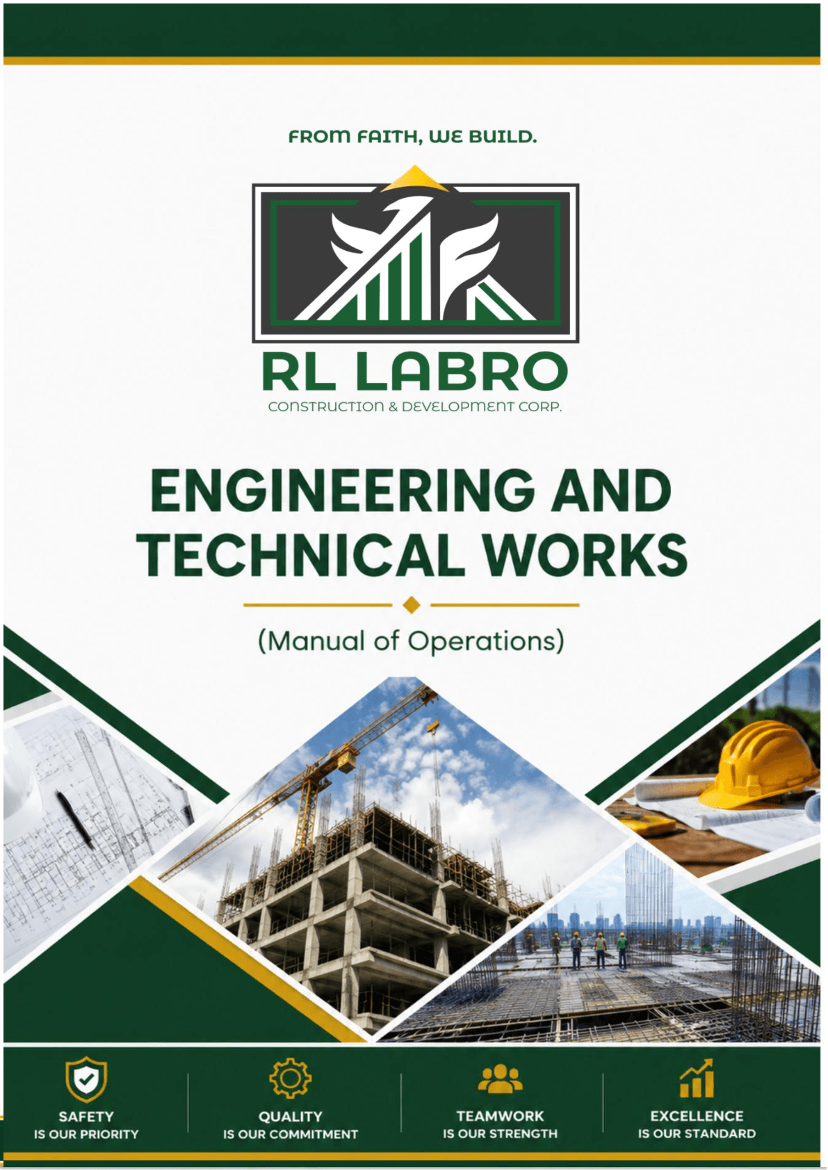 Cover of the RL Labro Engineering and Technical Works manual of operations, with construction photographs and the company's four standards along the foot